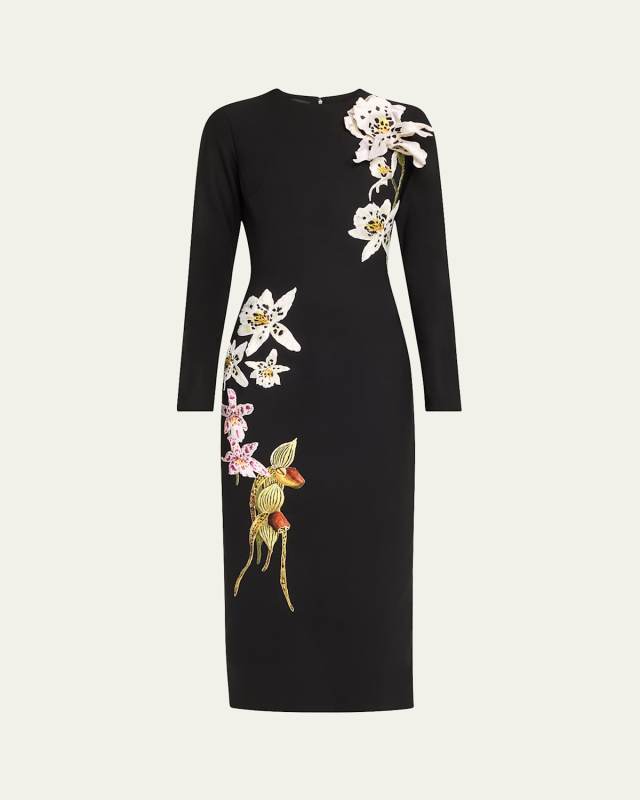 Crystal Orchid Threadwork Body-Con Midi Wool Dress